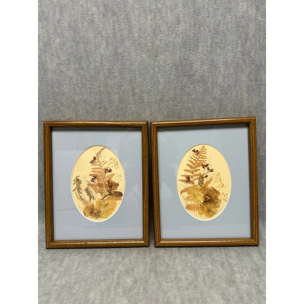 VTG Set of 2 Framed Dried Pressed Fern Flowers Botanical‎ Art Oval Cottagecore